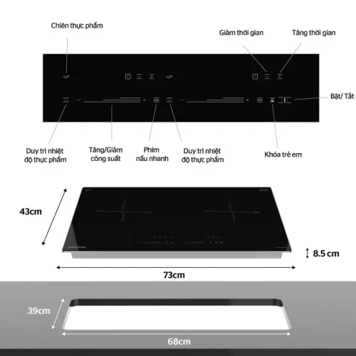 Bếp điện từ đôi SUNHOUSE SHB9109 2100W/2100W với bảng điều khiển và kích thước