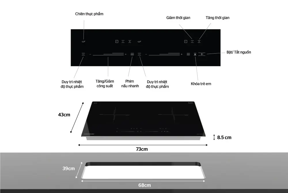Bếp điện từ đôi SUNHOUSE SHB9109 2100W/2100W với bảng điều khiển và kích thước