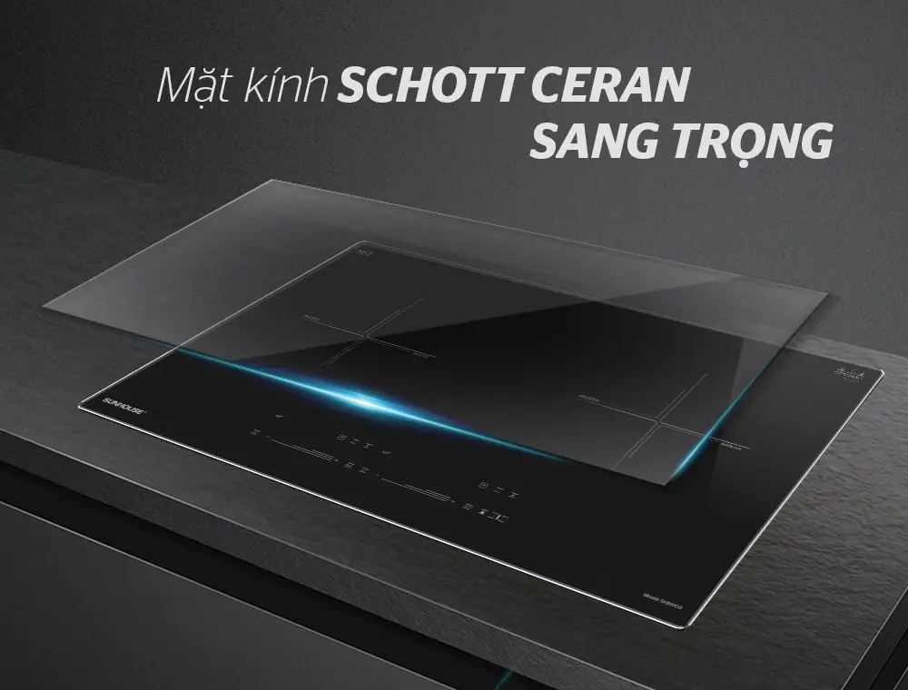 Mặt kính Schott Ceran sang trọng của bếp điện từ đôi SUNHOUSE SHB9109