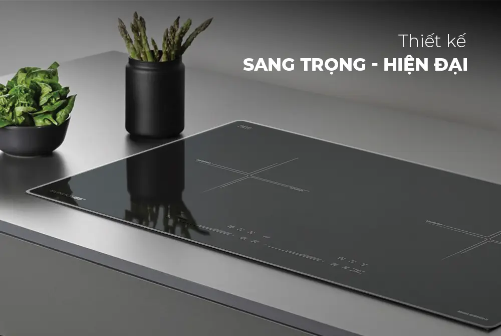 Thiết kế mặt kính bếp điện từ đôi SUNHOUSE SHB9109-S với hai vùng nấu