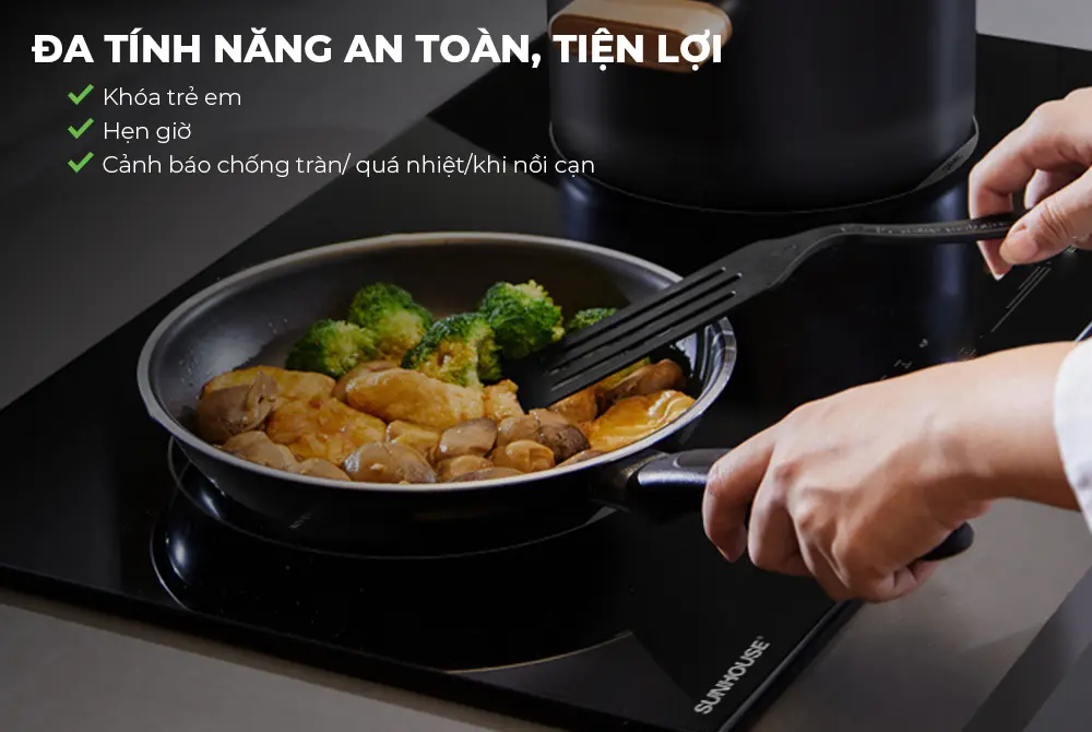 Bếp điện từ đôi SUNHOUSE SHB9109-S với tính năng an toàn khi nấu ăn