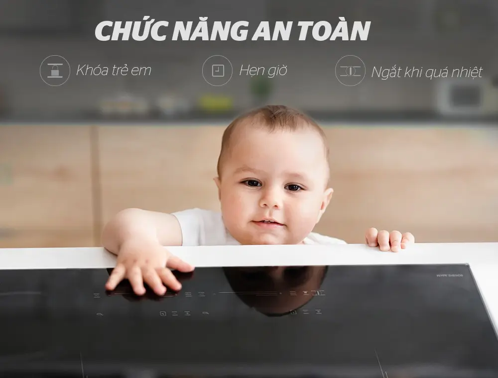 Bếp điện từ đôi SUNHOUSE SHB9109 với các tính năng an toàn khóa trẻ em, hẹn giờ và tự ngắt quá nhiệt