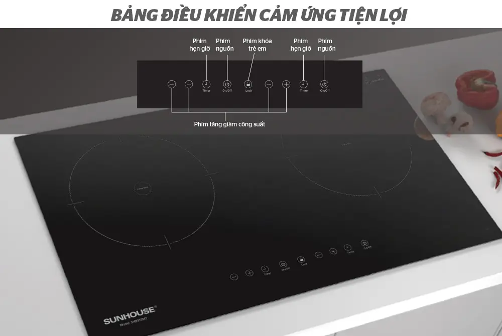 Bếp điện từ đôi SUNHOUSE SHB9111MT với bảng điều khiển cảm ứng tiện lợi