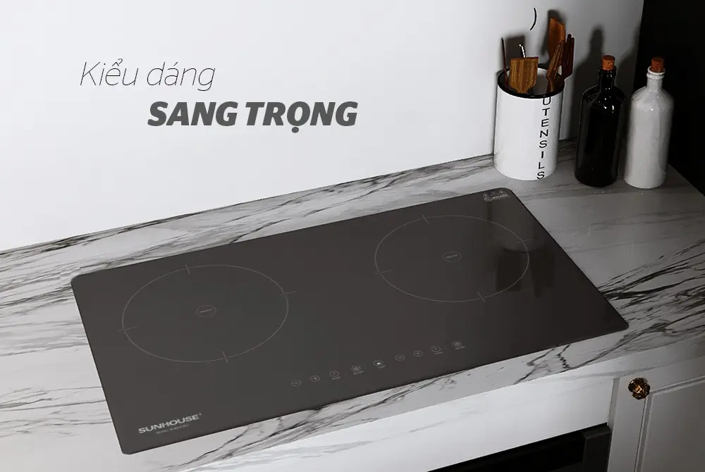 Bếp điện từ đôi SUNHOUSE SHB9111MT kiểu dáng sang trọng trên mặt bàn đá