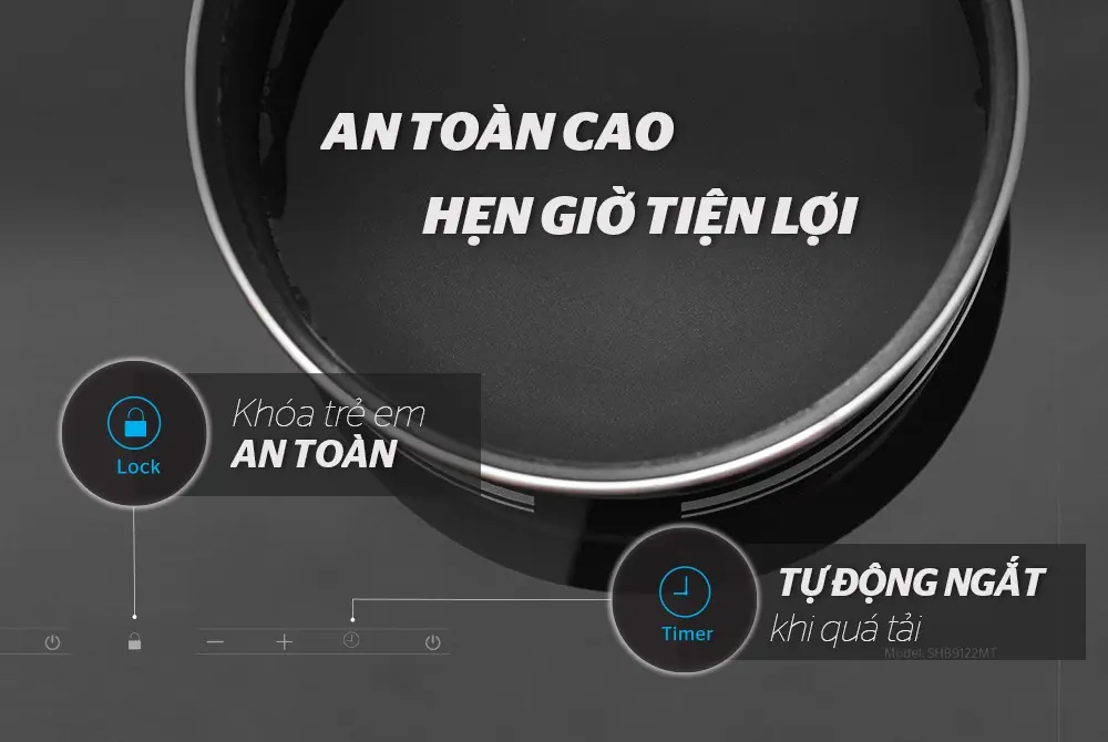 Bếp điện từ đôi SUNHOUSE SHB9122MT với khóa trẻ em, hẹn giờ và tự động ngắt khi quá tải