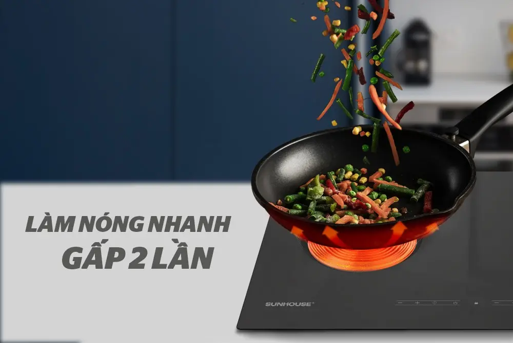 Bếp điện từ đôi SUNHOUSE SHB9122MT làm nóng chảo nhanh gấp 2 lần