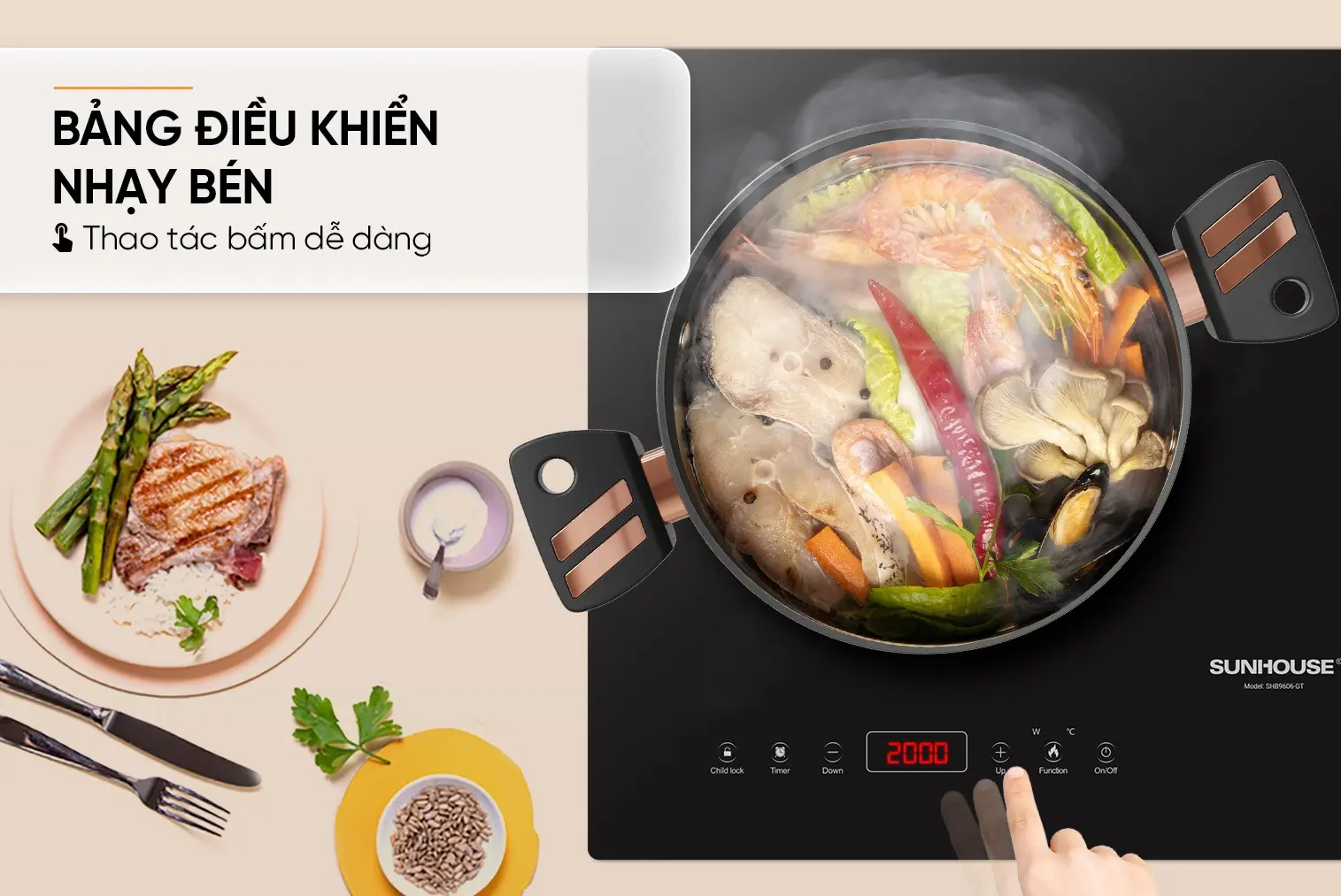 Bếp điện từ đôi SUNHOUSE SHB9606-GT với bảng điều khiển cảm ứng nhạy bén