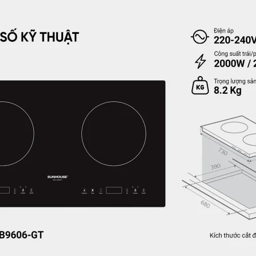Thông số kỹ thuật và kích thước lắp đặt bếp điện từ đôi SUNHOUSE SHB9606-GT