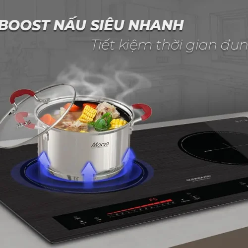 Bếp điện từ đôi SUNHOUSE SHB999-PLUS minh họa chế độ Boost nấu nhanh