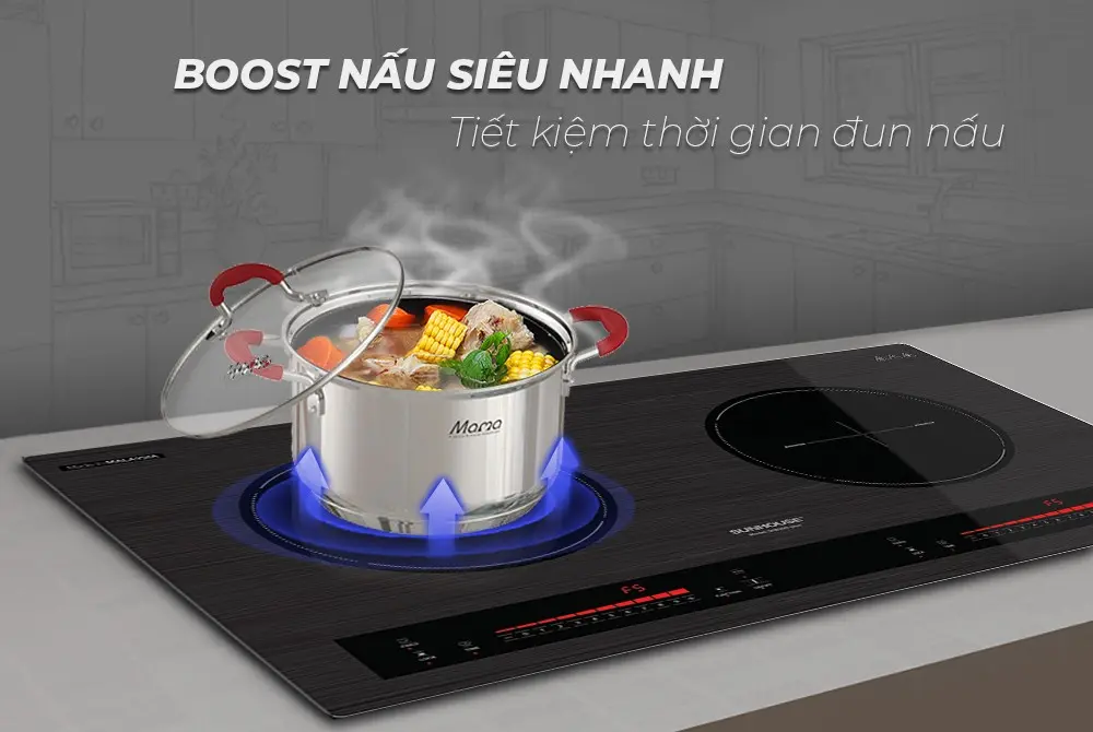 Bếp điện từ đôi SUNHOUSE SHB999-PLUS minh họa chế độ Boost nấu nhanh