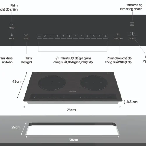 Kích thước và bảng điều khiển cảm ứng của bếp điện từ đôi SUNHOUSE SHB999-PLUS
