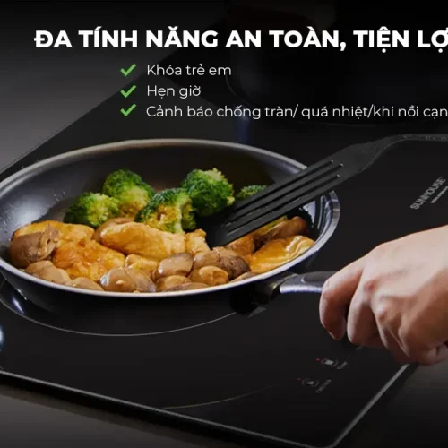 Bếp điện từ đôi SUNHOUSE SHB999HP với các tính năng khóa trẻ em, hẹn giờ và cảnh báo an toàn