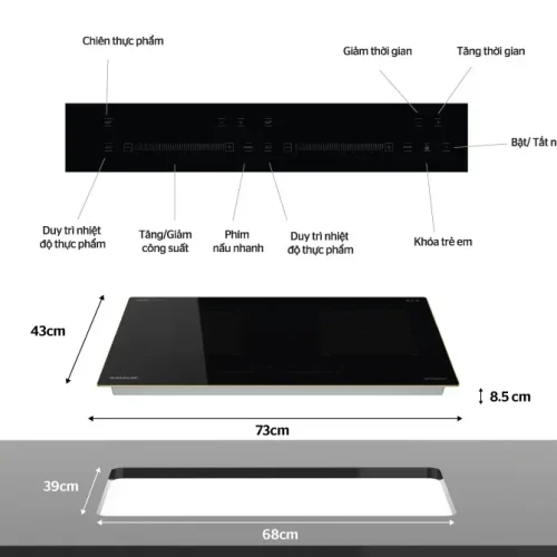 Bảng điều khiển cảm ứng và kích thước bếp điện từ đôi SUNHOUSE SHBDI08-PLUS