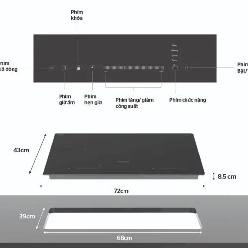 Bảng điều khiển và kích thước bếp điện từ đôi SUNHOUSE SHBDI79 2000W/2000W