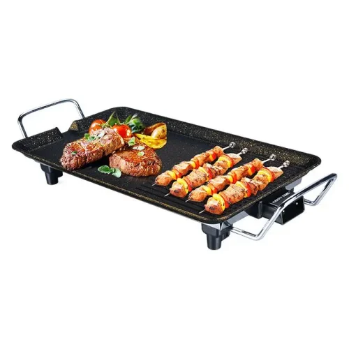 Bếp nướng điện SUNHOUSE HTD4606 1500W với mặt bếp và thực phẩm nướng