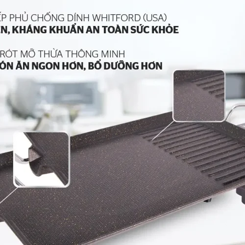 Mặt chống dính và miệng rót mỡ thừa của bếp nướng điện SUNHOUSE HTD4606 1500W