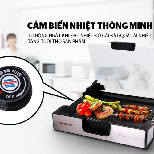 Bếp nướng điện SUNHOUSE SHD4603 với cảm biến nhiệt thông minh và núm điều chỉnh nhiệt