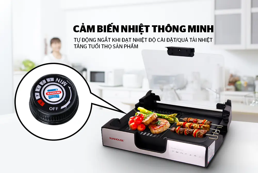 Bếp nướng điện SUNHOUSE SHD4603 với cảm biến nhiệt thông minh và núm điều chỉnh nhiệt