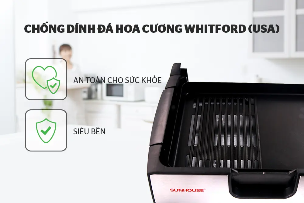 Mặt bếp nướng điện SUNHOUSE SHD4603 1500W phủ chống dính đá hoa cương Whitford