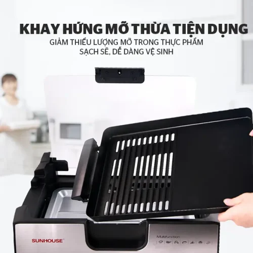 Khay hứng mỡ thừa và vỉ nướng tháo rời của bếp nướng điện SUNHOUSE SHD4603