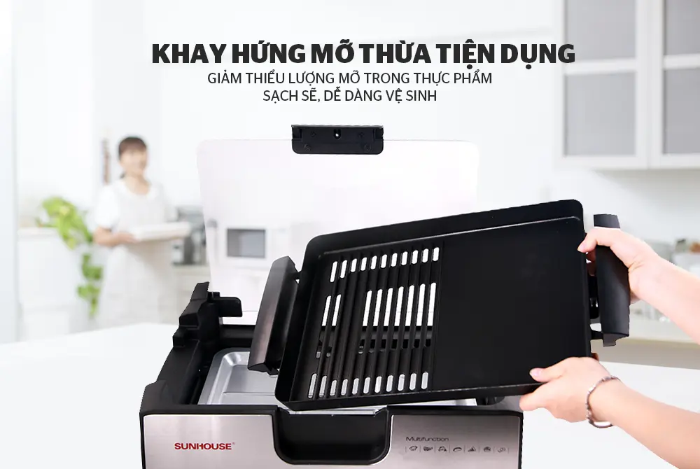 Khay hứng mỡ thừa và vỉ nướng tháo rời của bếp nướng điện SUNHOUSE SHD4603