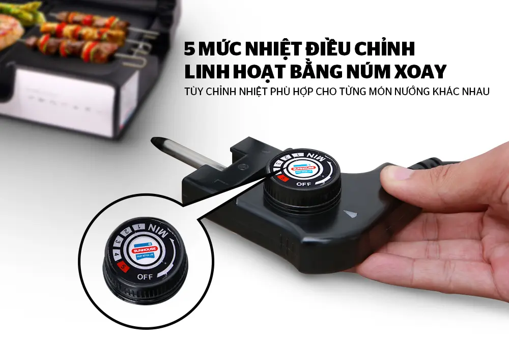 Núm xoay 5 mức điều chỉnh nhiệt của bếp nướng điện SUNHOUSE SHD4603 1500W