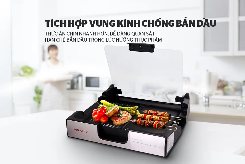 Bếp nướng điện SUNHOUSE SHD4603 tích hợp vung kính chống bắn dầu