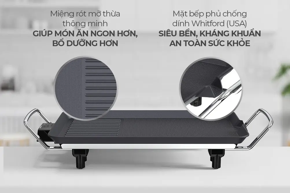 Mặt bếp chống dính và miệng rót mỡ của bếp nướng điện SUNHOUSE SHD4610 1500W