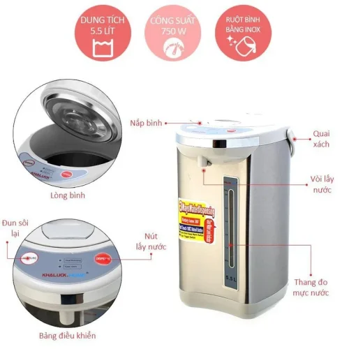 Bình thủy điện Khaluck KL-955 5.5 lít với nắp, vòi lấy nước và bảng điều khiển