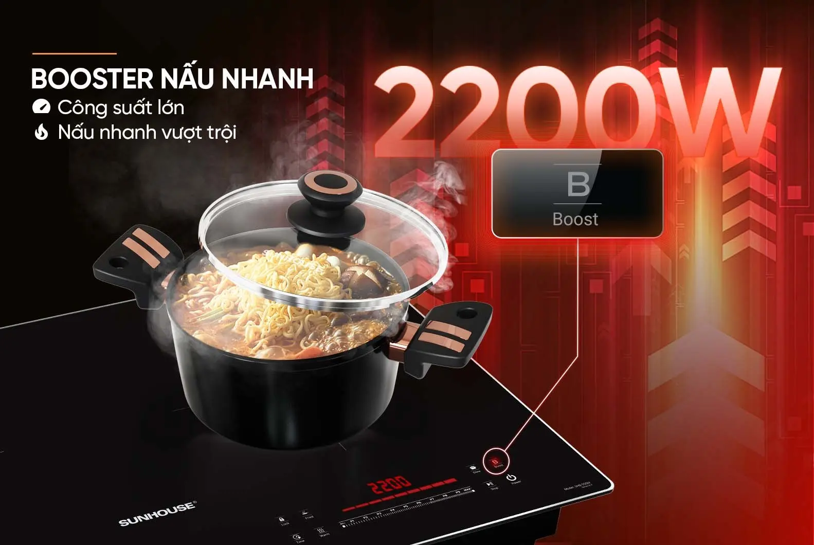 Chế độ Booster 2200W của bếp điện từ đôi SUNHOUSE SHB-555DI