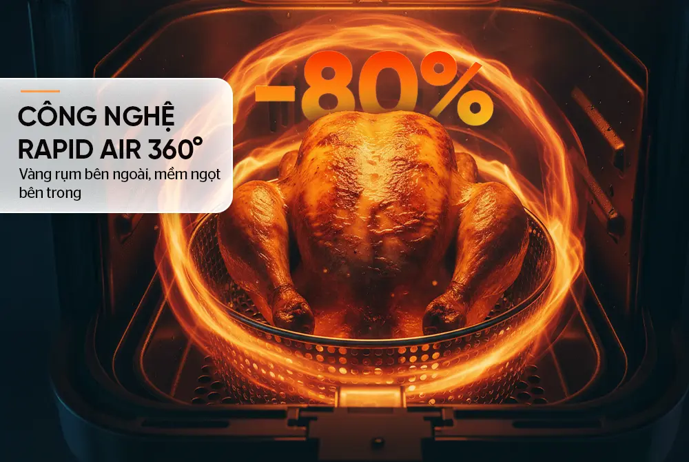 Công nghệ Rapid Air 360° của nồi chiên không dầu SUNHOUSE SHD4032 giúp giảm đến 80% dầu mỡ