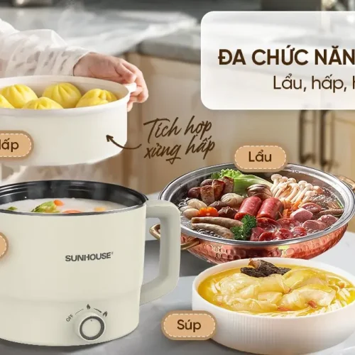 Lẩu điện SUNHOUSE SHD4516 mini 1.6 lít với chức năng lẩu hấp hầm súp