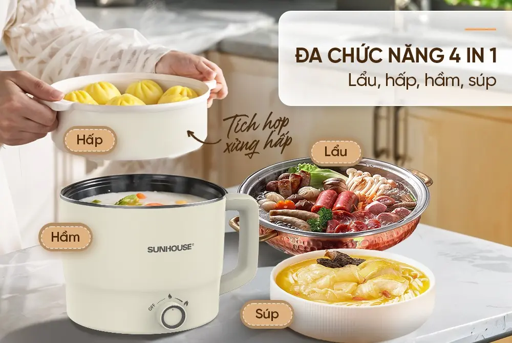 Lẩu điện SUNHOUSE SHD4516 mini 1.6 lít với chức năng lẩu hấp hầm súp