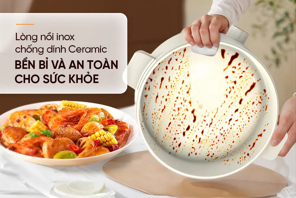 Lòng nồi chống dính Ceramic của lẩu điện SUNHOUSE SHD4517