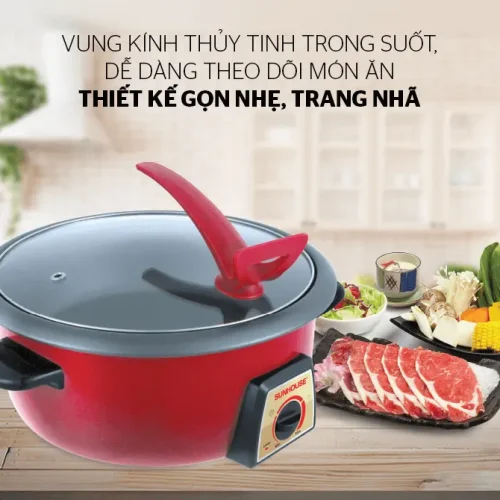 Lẩu điện đa năng SUNHOUSE SHD4520 1300W màu đỏ với nắp kính trong suốt