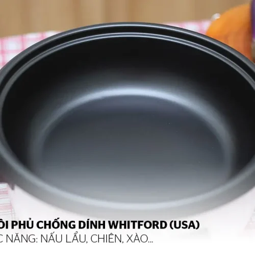 Cận cảnh lòng nồi phủ chống dính Whitford của lẩu điện SUNHOUSE SHD4521 1300W