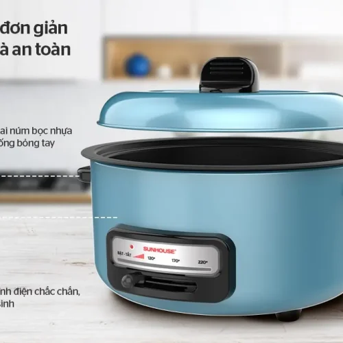 Lẩu điện SUNHOUSE SHD4527 màu xanh với nắp và núm điều chỉnh nhiệt độ