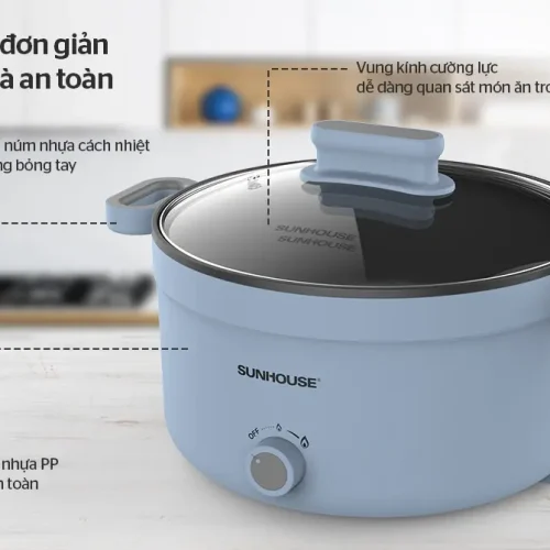 Lẩu điện SUNHOUSE SHD4528 1200W 3.5 lít với vung kính và quai cầm cách nhiệt