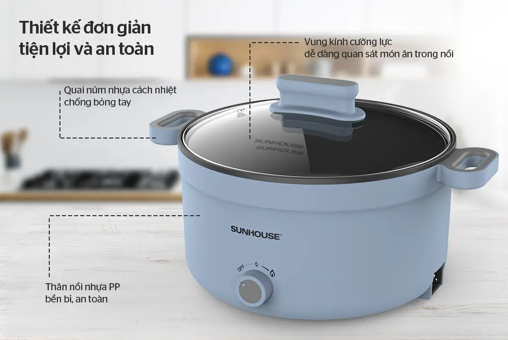 Lẩu điện SUNHOUSE SHD4528 1200W 3.5 lít với vung kính và quai cầm cách nhiệt
