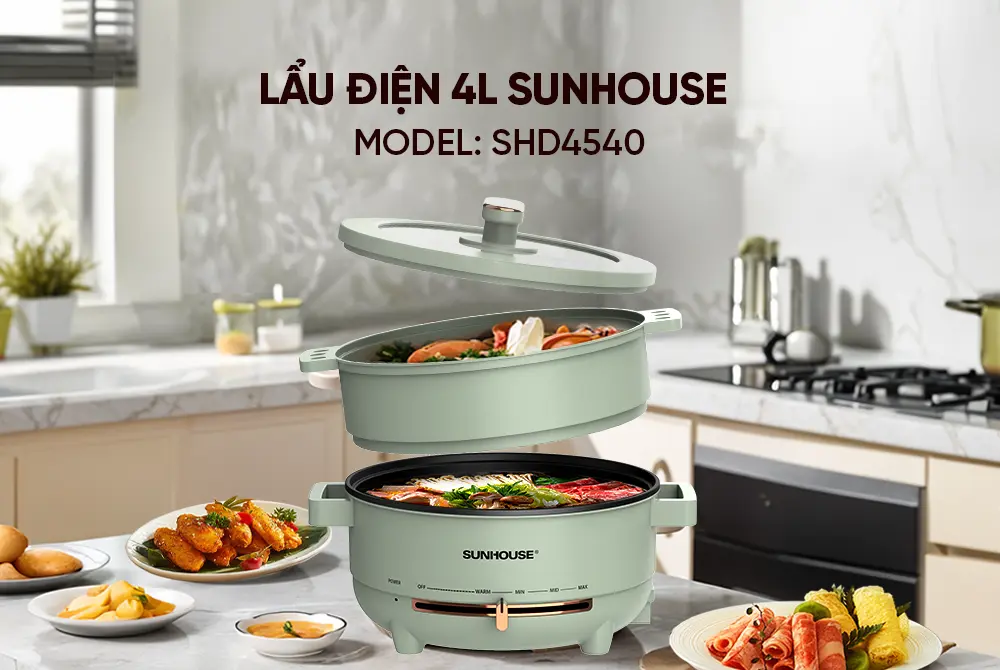 Lẩu điện SUNHOUSE SHD4540 4 lít đa năng kèm xửng hấp