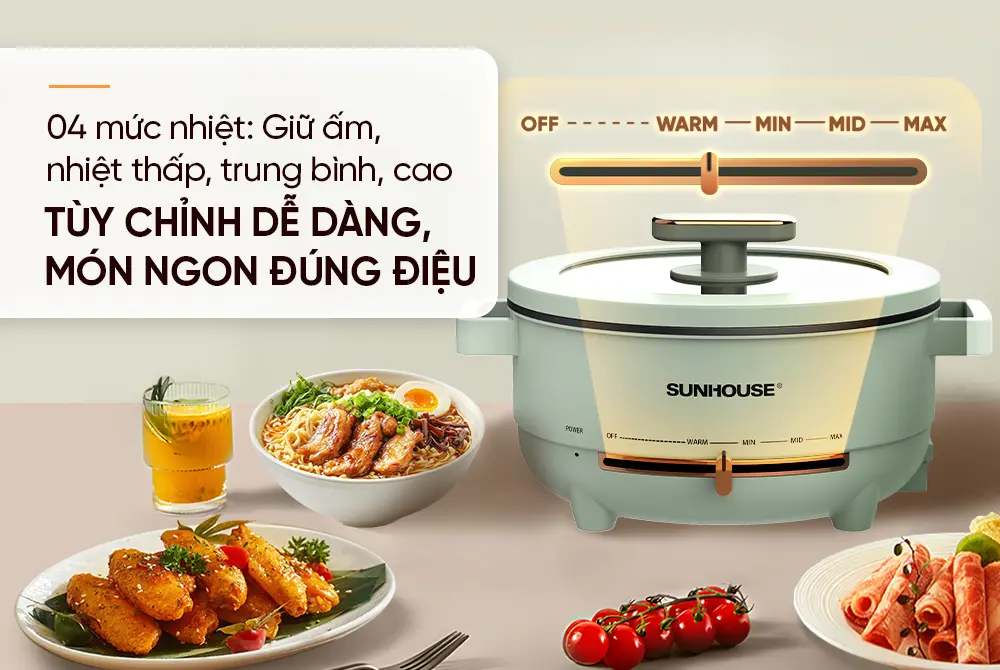 Lẩu điện SUNHOUSE SHD4540 4 lít với bảng điều chỉnh 4 mức nhiệt