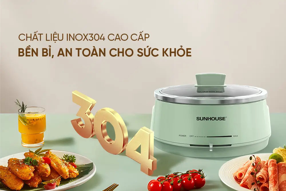 Lẩu điện SUNHOUSE SHD4543 Inox 304 dung tích 4 lít màu xanh mint