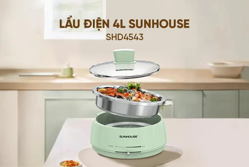 Lẩu điện SUNHOUSE SHD4543 4 lít với lòng nồi inox 304 tháo rời