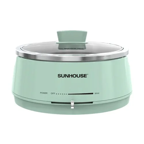 Lẩu điện SUNHOUSE SHD4543 màu xanh mint, nắp kính và lòng nồi inox