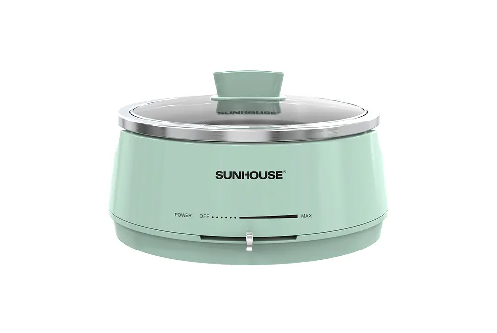 Lẩu điện SUNHOUSE SHD4543 màu xanh mint, nắp kính và lòng nồi inox
