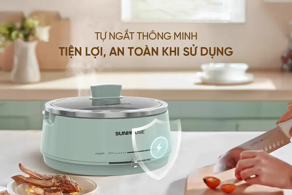 Lẩu điện SUNHOUSE SHD4543 xanh mint tự ngắt an toàn khi sử dụng