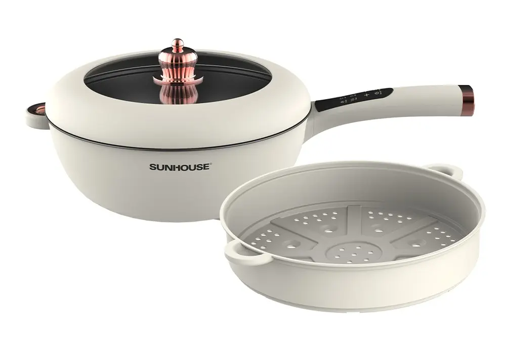 Lẩu điện cảm ứng SUNHOUSE SHD4555 màu kem kèm xửng hấp rời và nắp kính