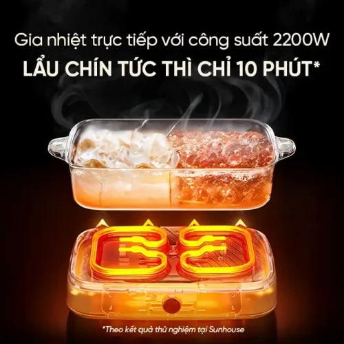Lẩu điện SUNHOUSE SHD4568 2200W 6 lít với hai ngăn nướng và lẩu