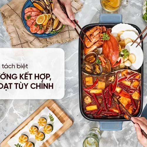 Lẩu điện SUNHOUSE SHD4568 hai ngăn nướng và lẩu trong bữa ăn