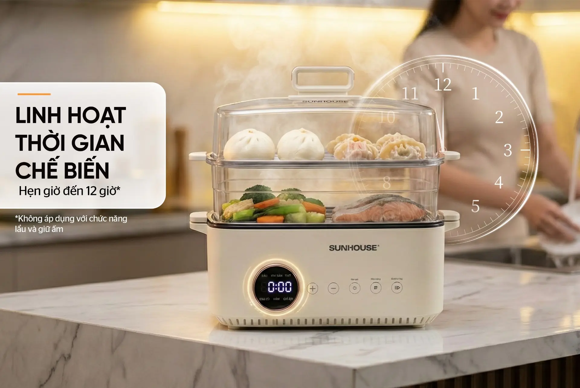 Lẩu điện SUNHOUSE SHD4593 1300W đa năng 14.5 lít cảm ứng kèm xửng hấp